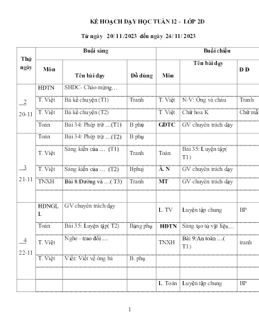 Kế hoạch bài dạy các môn Khối 2 - Tuần 12 - Năm học 2023-2024 - Trường Tiểu học Cẩm Phúc