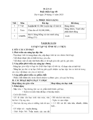 Kế hoạch bài dạy các môn Lớp 4 - Tuần 13 - Năm học 2023-2024 - Trường Tiểu học Cẩm Phúc