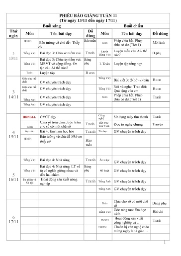 Kế hoạch dạy học các môn Lớp 3 - Tuần 11 - Năm học 2024-2025 - Trường Tiểu học Cẩm Phúc