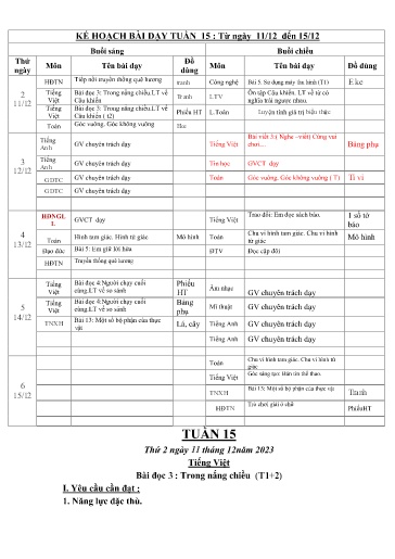 Kế hoạch dạy học các môn Lớp 3 - Tuần 15 - Năm học 2023-2024 - Trường Tiểu học Cẩm Phúc
